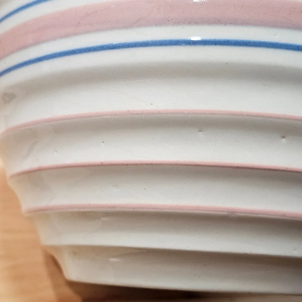 Vintage McCoy Stoneware Mixing Bowl Large 10 in Pink Blue Striped Ribbed Beehive